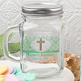 Baby Shower Personalized glass mason jar with handle and silver metal screw top, 16 ounce