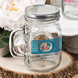 Personalized Glass mason jar with handle and silver metal screw top, 16 ounce