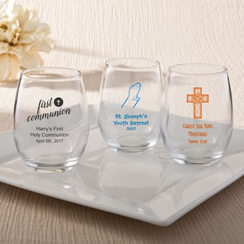 Religious Personalized Stemless Wine Glass Wedding Favors- 9 Ounce