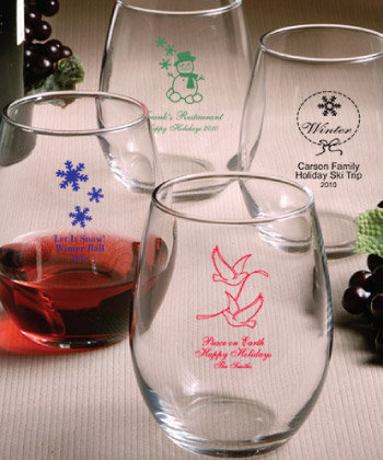 Holiday Personalized Stemless Wine Glasses - 9 Ounce