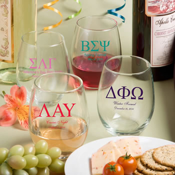 15 Ounce Stemless Wine Glasses: Greek Designs