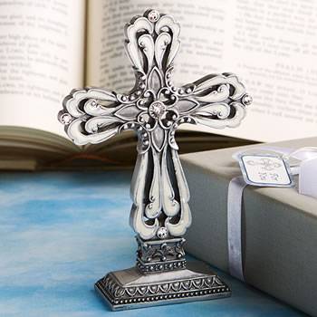 Religious Pewter Color Cross Statue With Ivory Enamel Inlay