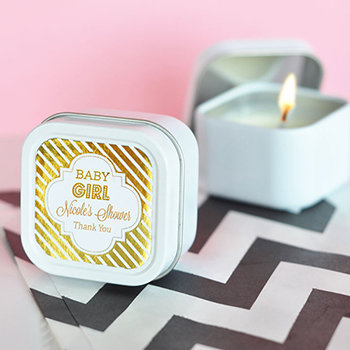 Personalized Metallic Foil Square Candle Tins - Baby