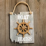 Ships Wheel Plaque - BOAT HOUSE in white - driftwood edge