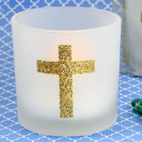 Cross themed white frosted glass candle votive holder