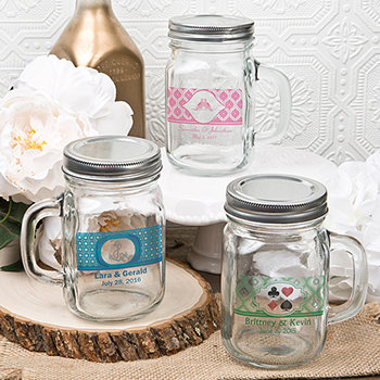 16  ounce personalized Glass mason jar with handle and silver metal screw top