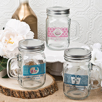 Personalized Glass mason jar with handle and silver metal screw top, 16 ounce