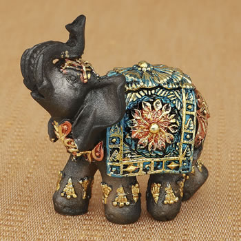 Mahogany Brown elephant with colorful headdress and blanket - mini  size