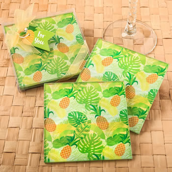 Set of 2 tropical pineapple themed glass coasters