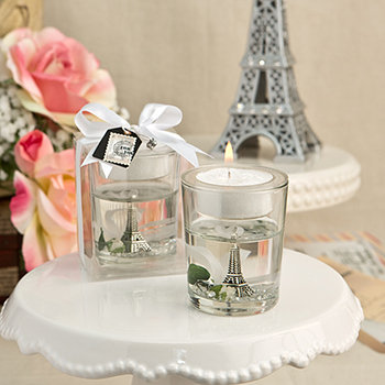 Eiffel Tower Gel Candle Holder With White Rose And Leaf Detail