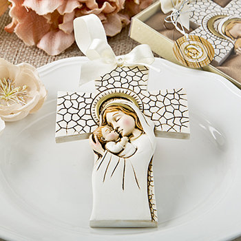 Religious Madonna and Child hanging cross ornament