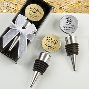 Silver wine bottle stoppers from our Personalized Metallics Collection
