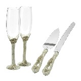 Vintage Rose 4 piece cake serving and champagne flute set