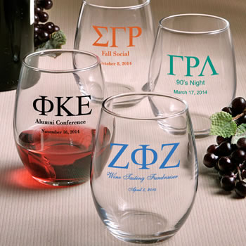 Personalized Greek Design Stemless Wine Glasses - 9 Ounce