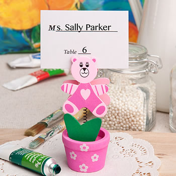 Pink teddy bear/flower pot place card/photo holder